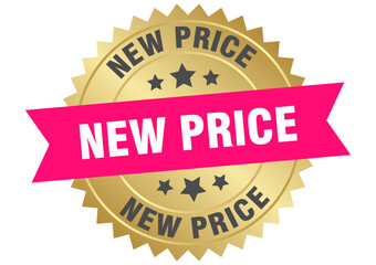 new price. new price round pink and gold label isolated on transparent background
