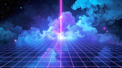Synthwave, vaporwave, retrowave, cyber background with copy space, laser grid, starry sky, blue and purple lights with smoke and particles. Perfect design for poster, cover, wallpaper, web, banner and