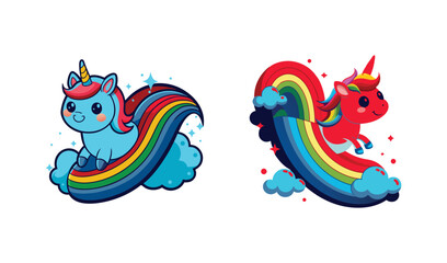 Photo of two cheerful unicorns playfully ride vibrant rainbows, isolated on white background