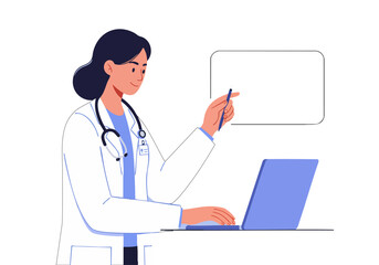 Fototapeta premium A female doctor analyzes patient statistics on a laptop, pointing to a data chart. Modern, professional, and informative. Clean background, bright colors.