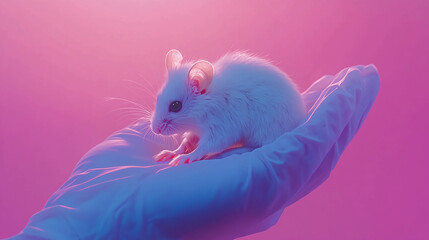 White lab mouse on hand research science experiment animal testing laboratory rodent pink and blue light