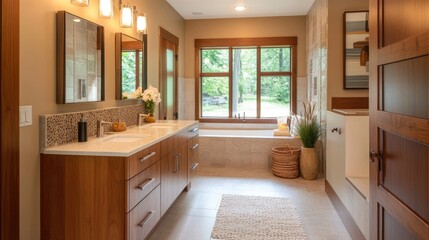 Contemporary bathroom with wooden vanity, sink, mirror, lighting