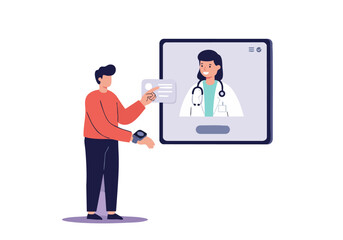 A man interacts with a virtual doctor via telehealth. Modern illustration showcasing a digital health consultation. Clean, friendly design.