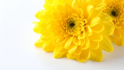 beautiful yellow chrysanthemum with dewdrops sticking to the flower on a white background. natural texture with sharp and rough edges in a minimalist layout, minimal background