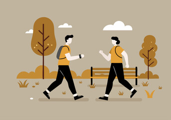 Two men enjoy outdoor health with a brisk walk in a park. They wear casual clothing and fitness trackers. A serene, modern illustration.