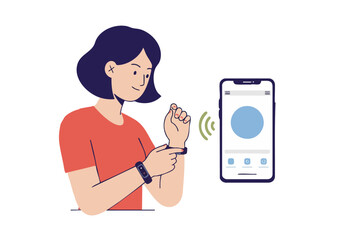 A young woman connects her smartwatch to her smartphone via App Sync. Modern illustration style, showcasing seamless technology integration. Clean, bright design.