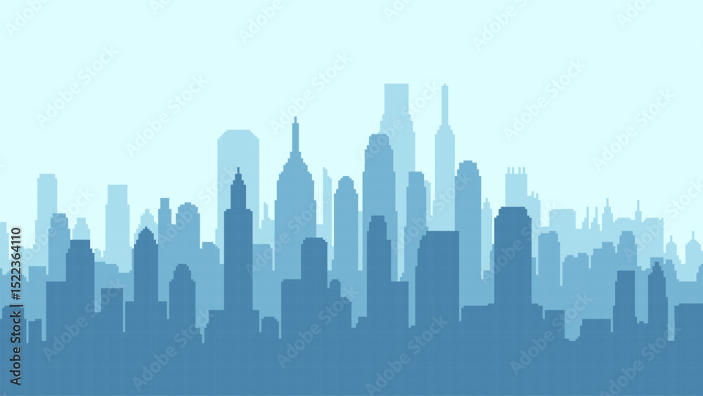 Poster pixel art cityscape background. silhouette of a city skyline. skyscrapers and buildings. vector grap