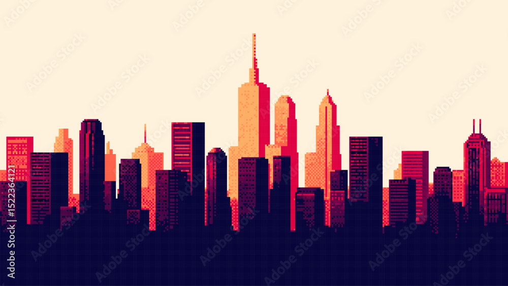 Poster 8-bit pixel art cityscape background. silhouette of a city skyline. sunset. skyscrapers and building