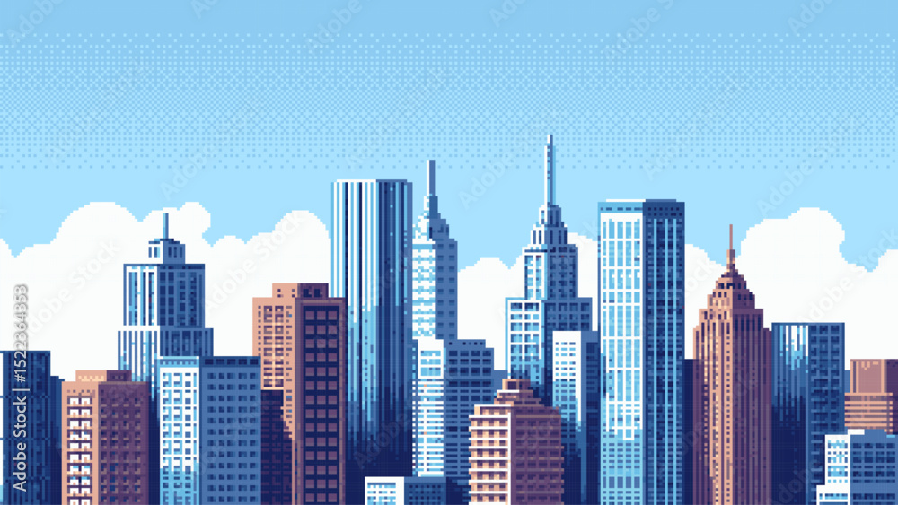Poster 8-bit pixel art cityscape background. city skyline. skyscrapers and buildings. retro video game styl