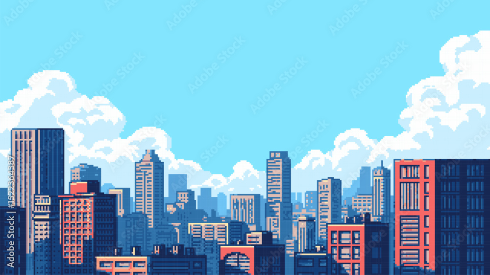 Poster 8-bit pixel art cityscape background. city skyline. skyscrapers and buildings. retro video game styl