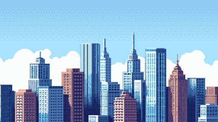 8-bit pixel art cityscape background. city skyline. skyscrapers and buildings. retro video game style. vector graphics. blue sky and white clouds.  © hiten666