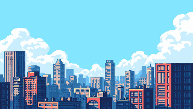 Fototapeta 8-bit pixel art cityscape background. city skyline. skyscrapers and buildings. retro video game style. vector graphics. blue sky and white clouds. 