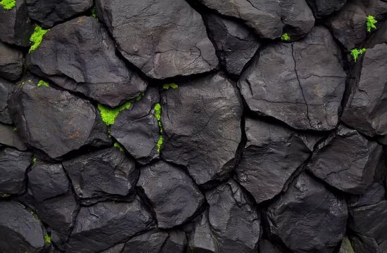 Close up show a formation of basalt column with a patch of plant growing between the rock.