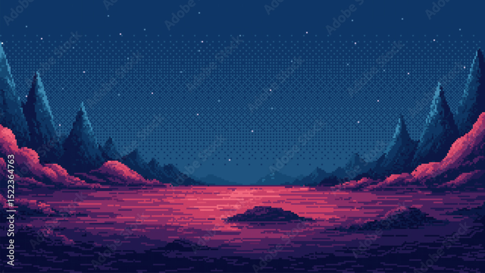 Poster 8-bit pixel art space landscape. fantasy game level backdrop. 2D video game graphics. pixelated background. vector illustration. game assets. dark sky at night. mountains range. 