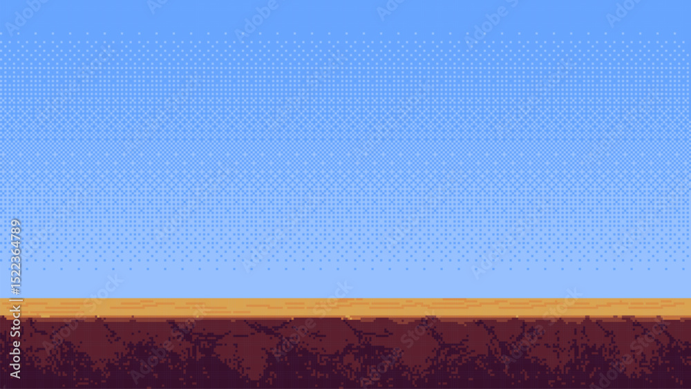 Aufkleber 8-bit pixel art retro video game level background., a flat and simple blue sky with a brown dirt floor. 2D pixelated art style. side view. empty space on top. vector graphics. 