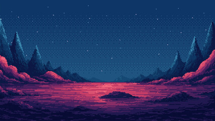 8-bit pixel art space landscape. fantasy game level backdrop. 2D video game graphics. pixelated background. vector illustration. game assets. dark sky at night. mountains range.  © hiten666