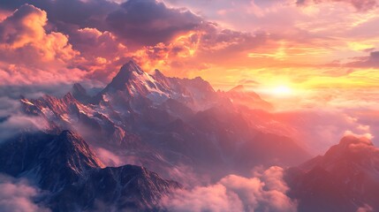 A majestic mountain range with snow capped peaks at a vibrant sunset