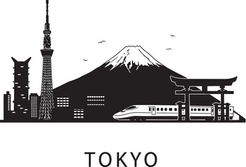 Dynamic Tokyo City Skyline Silhouette Vector with Skytree, Mount Fuji and Shinkansen