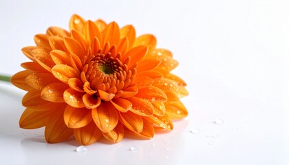 beautiful orange chrysanthemum with dewdrops sticking to the flower on a white background. natural texture with sharp and rough edges in a minimalist layout, minimal background