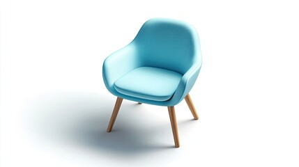 Cyan office chair on white background, isometric minimalist design with molded shell and wood legs