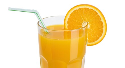 Close Up Of A Refreshing Orange Juice Drink In A Transparent Glass With A Slice Of Fruit And Straw