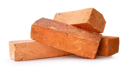 Side view of four cracked old red or orange bricks in stack isolated on white background with clipping path