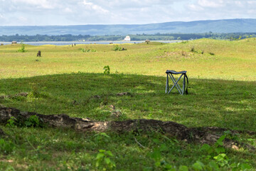 Relaxing camping chair set under tree shade on a beautiful grassy meadow. Ideal for outdoor, travel, and nature-themed concepts. Peaceful, natural setting for lifestyle imagery.