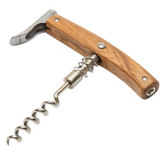 Corkscrew with wooden handle displayed on a plain white background for easy reference and use
