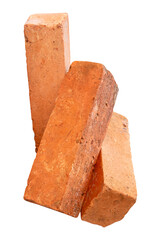 Side view of three cracked old red or orange bricks in stack isolated on white background with clipping path