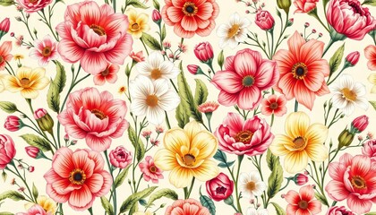 Hand-drawn vintage spring garden flowers, romantic bloom seamless pattern Botanical illustration, curiosity cabinet aesthetic,   scrapbook paper,  card making