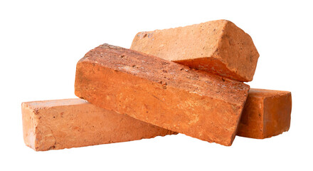 Side view of four cracked old red or orange bricks in stack isolated with clipping path in png file...