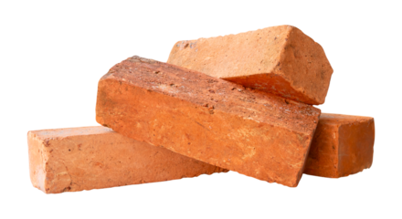 Side view of four cracked old red or orange bricks in stack isolated with clipping path in png file format