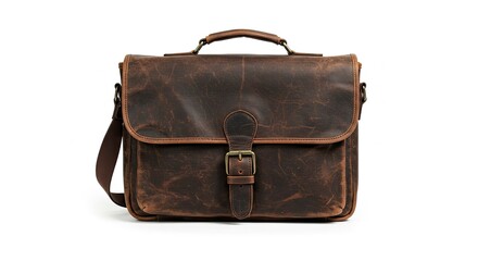 Close Up of Brown Leather Briefcase with Handle and Buckle Isolated on White Background