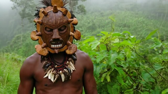 an indigenous man wearing a traditional mask and necklace stands in a lush tropical forest with misty mountains in the background