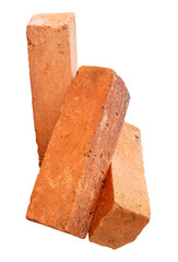 Side view of three cracked old red or orange bricks in stack isolated with clipping path in png file format
