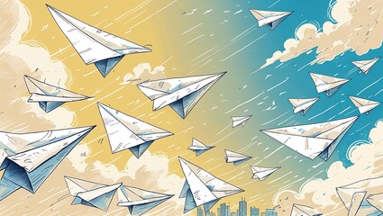 Paper planes flying over cityscape illustration