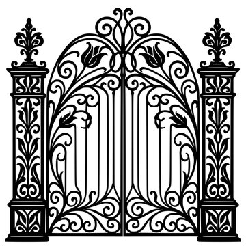 A black vector illustration of an ornate forged iron gate, featuring intricate scrollwork, floral motifs, and decorative finials.