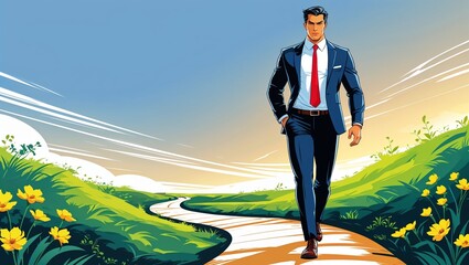Cartoon businessman walking on path