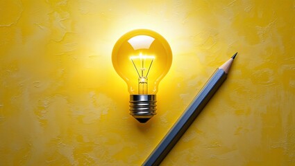 Creative idea: light bulb and pencil on yellow background