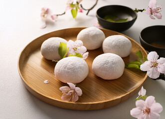 weiße Mochis mit Kirschblüten, Hanami, auf einem runden bambus teller, 