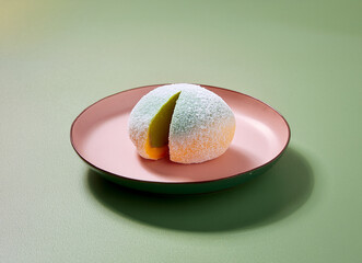 Ein einzelnes Mochi auf einem runden rosa Teller auf hellgrünen Hintergrund, minimalistisch und Modernde Foodphotography