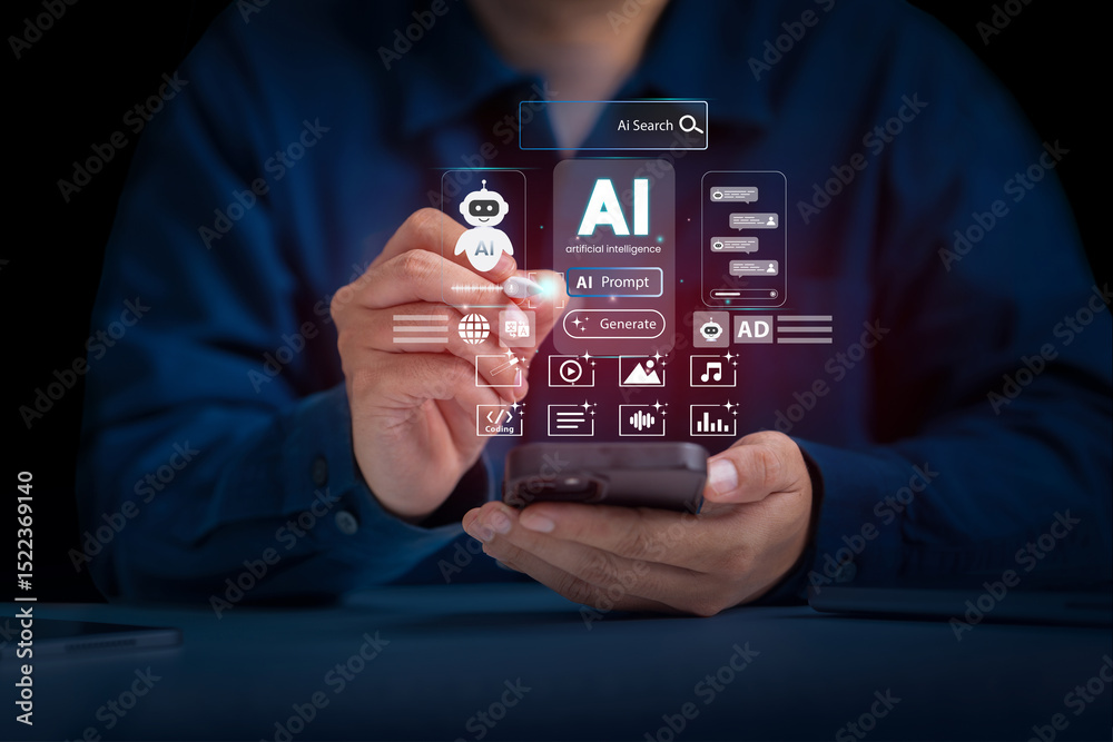 Fototapete artificial intelligence and mobile technology concept. man using smartphone for ai search, generativ