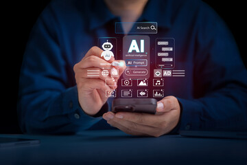 Artificial Intelligence and mobile technology concept. Man using smartphone for AI Search, Generative Edit, Live Translate, Chatbot assistant conversation. AI Agent. Chatbot. Agentic workflows. LLM.