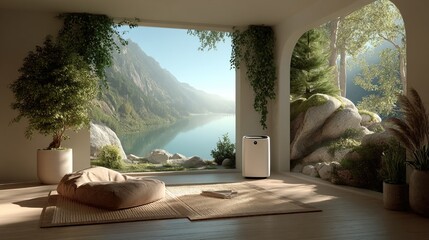 Serene indoor space with mountain lake view, showcasing air purifier