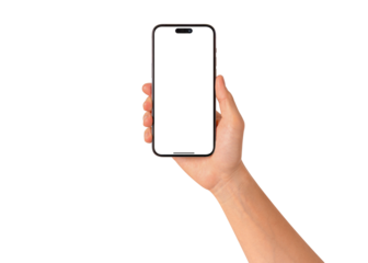 Close-up of hand holding modern smartphone with blank screen isolated.