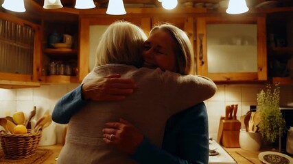 Two women hug in the kitchen by the stove.