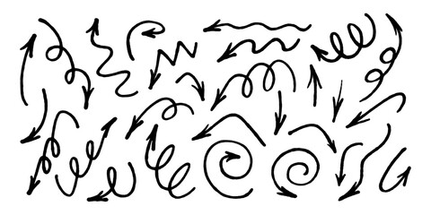 Hand drawn marker arrows symbols set. Doodle brush line grunge scribbles arrow pointers hand drawn vector illustration. Felt pen marker symbols collection.