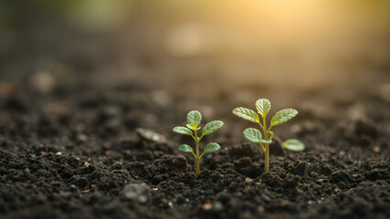 New seedling growing in dark soil with space for text for Earth Day or nature background. Copy space image. Space to add your text or design.