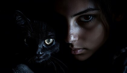 Close-up portrait of a girl and a black cat in shadow.