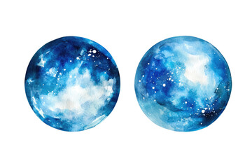 Watercolor Painting of Blue Planets with Galaxy Texture and Starry Space Effect Isolated on Transparent Background